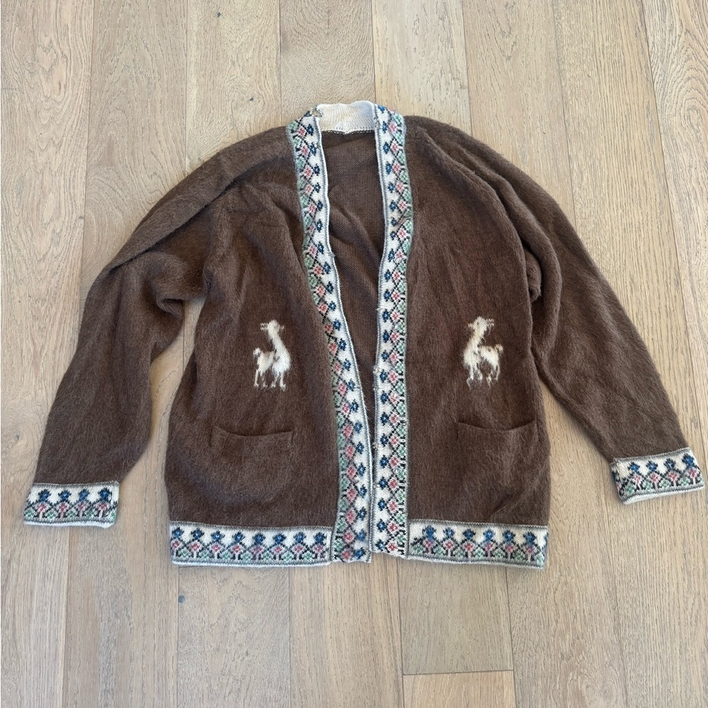 Vintage 60s 70s Fuzzy Mohair Alpaca Llama Cardigan Sweater Brown Boho Rare L/XL
